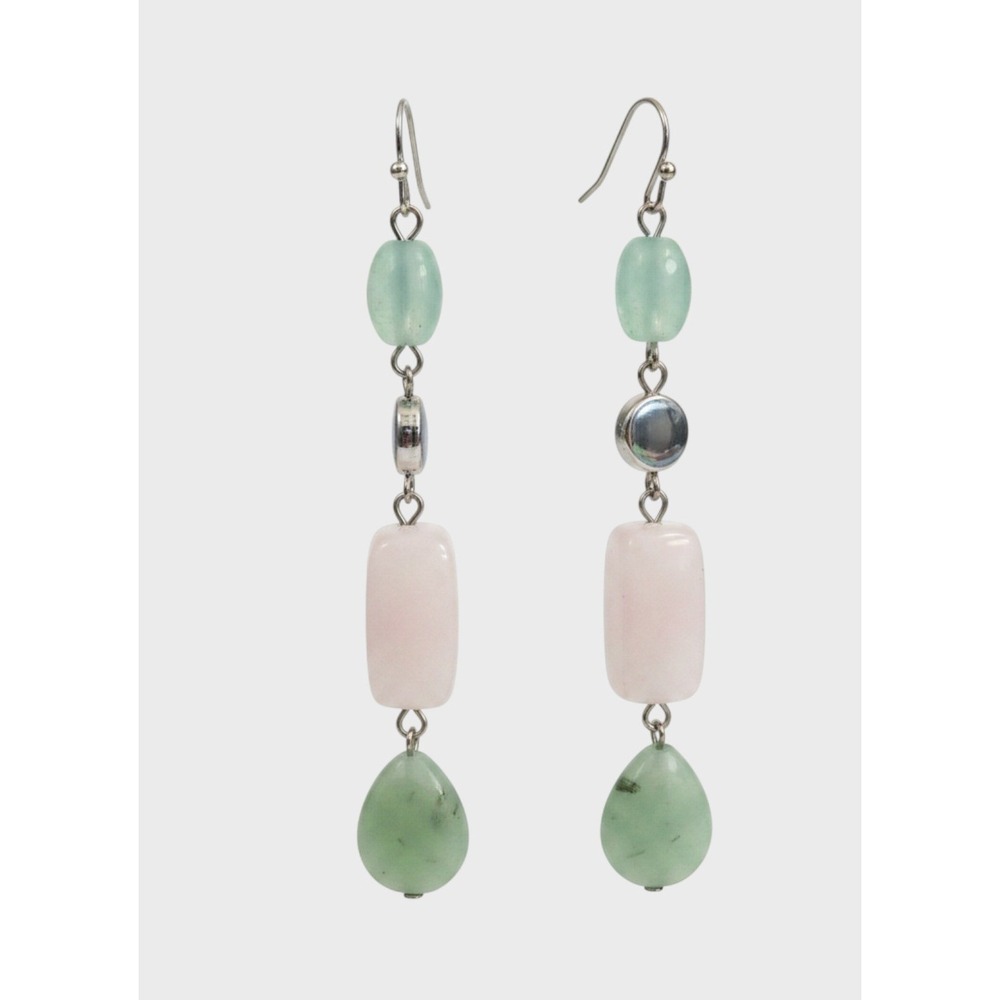 Vintage Dangle Earrings Pink Green Agate‎ Boho 3" Long Drop